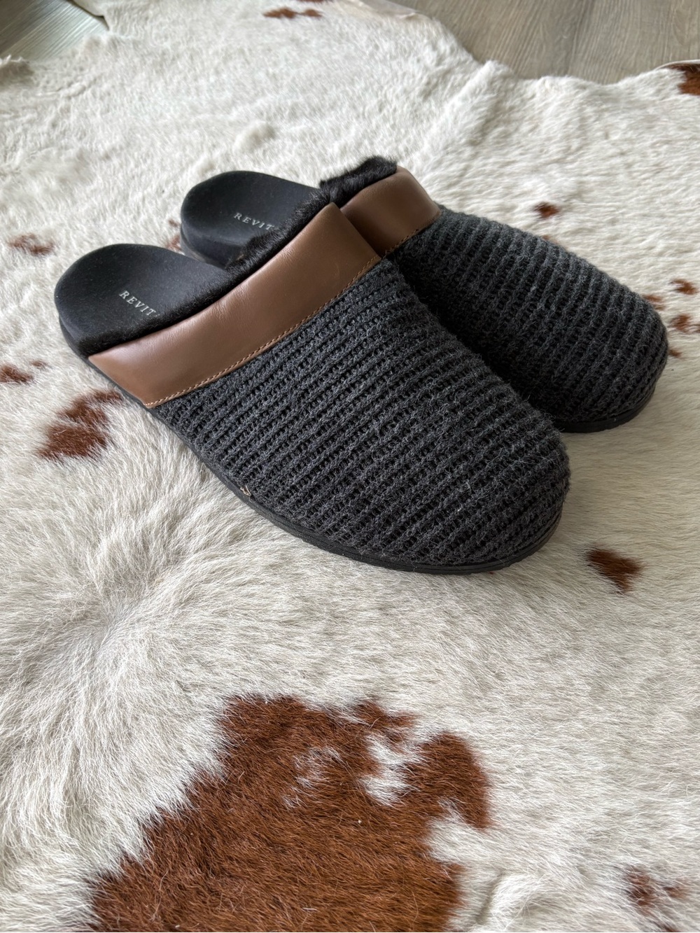 NEW in box: REVITALIGN Black and Brown Cozy Knit Slip-On Slippers